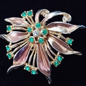 Vintage  Gold Flower Brooch w/ Green Rhinestones